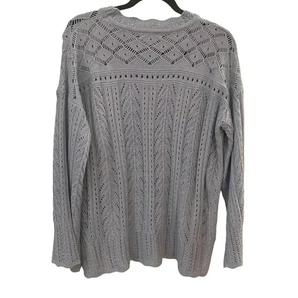 Ces Femme open knit scalloped hem bell sleeve sweater lavender small